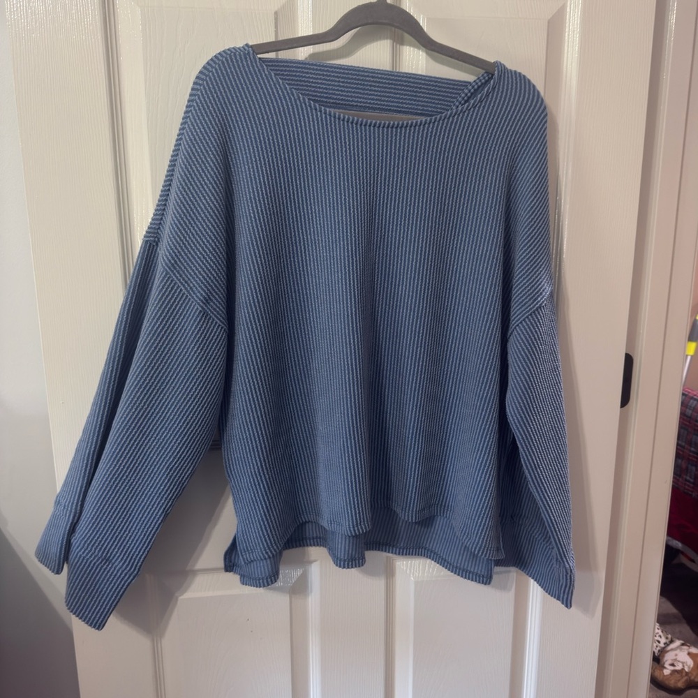 Relaxed Blue Ribbed Knit Women's Sweater